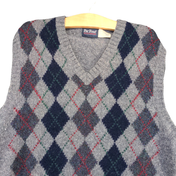 Par Four Mens Knit Sweater Vest Large Sleeveless Gray L Argyle V-Neck Wool Blend - Picture 1 of 12